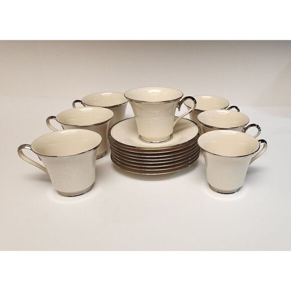 Lenox Moonspun Footed 6 Set Of Cup & Saucer Ivory/Silver Trim - Picture 2 of 11